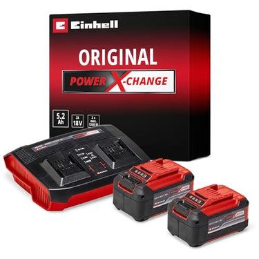 Original Einhell Starter Kit Akku und Ladegerät Power X-Change (Lithium Ionen, 18 V, 2x5,2 Ah Akku und Twincharger, passend für alle Power X-Change Geräte) im Sale